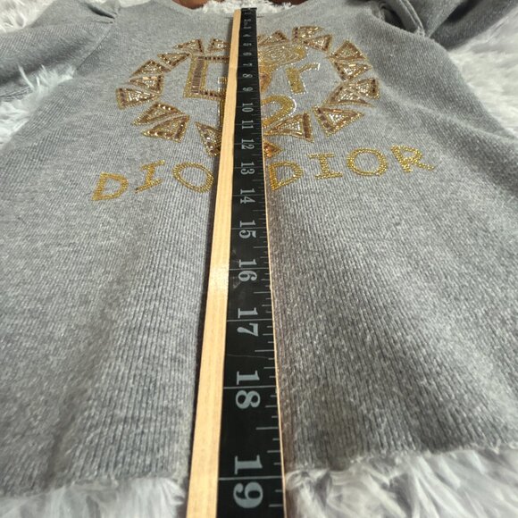 Dior Sweater Womens Small Gray Beaded Rhinestone Logo Puff Sleeve Knit Pullover - Picture 7 of 10